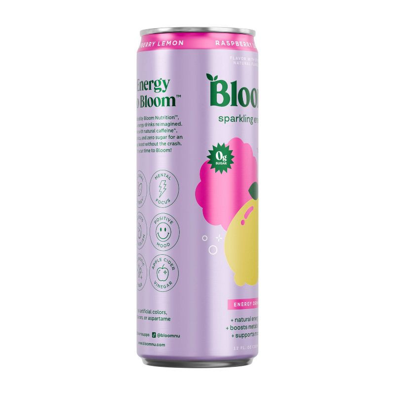 slide 8 of 10, BLOOM NUTRITION Sparkling Energy Drink - Raspberry Lemon - 12 fl oz Can, 12 fl oz