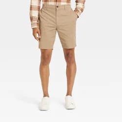 Men's Every Wear 9" Flat Front Chino Shorts - Goodfellow & Co™ Khaki 34: Midweight Poplin Twill, Stretch, Machine Washable