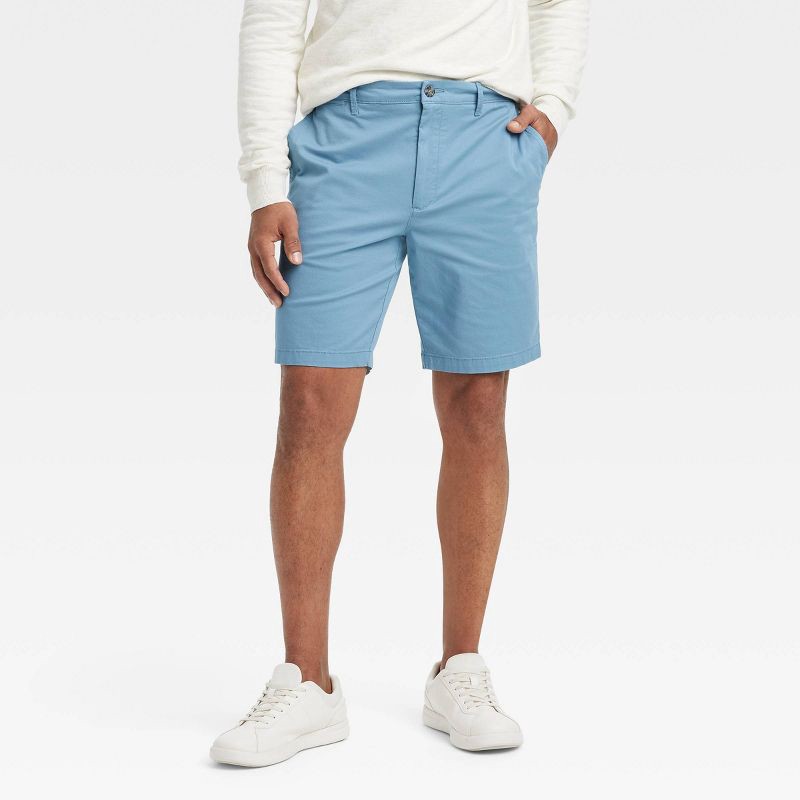 slide 1 of 3, Men's Every Wear 9" Flat Front Chino Shorts - Goodfellow & Co™ Blue 36: Slim Fit, Mid Rise, Twill Fabric, 1 ct