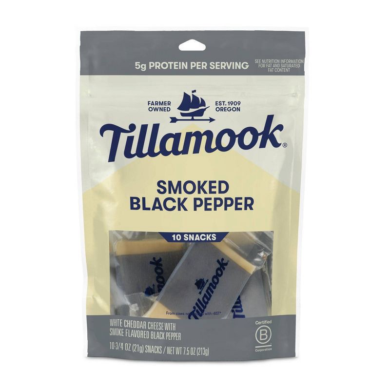 slide 1 of 1, Tillamook Smoked Black Pepper Cheese Snack Portions -7.5oz/10ct, 7.5 oz, 10 ct