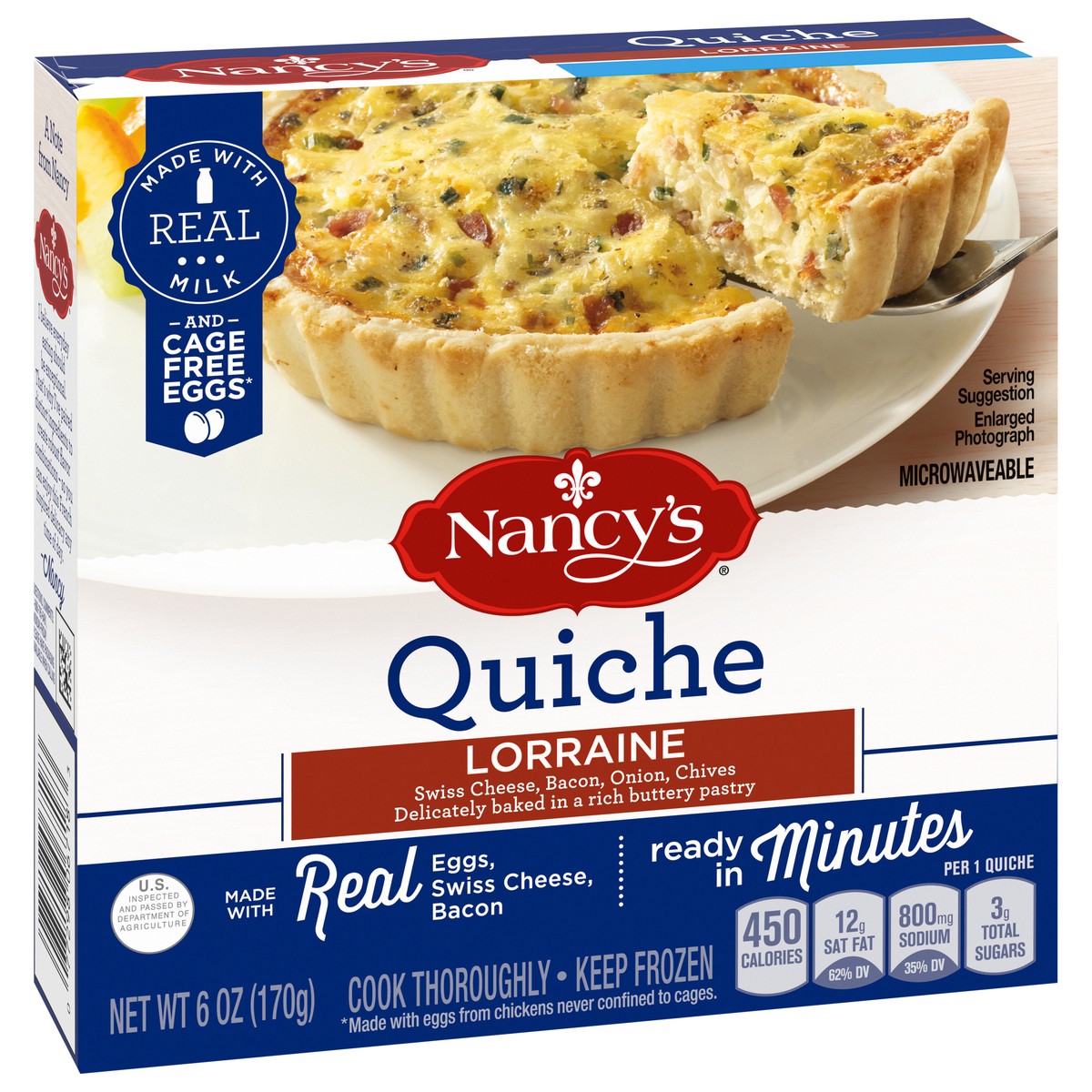 slide 2 of 9, Nancy's Lorraine Quiche with Eggs, Swiss Cheese, Bacon, Onion & Chives Frozen Meal, 6 oz Box, 6 oz