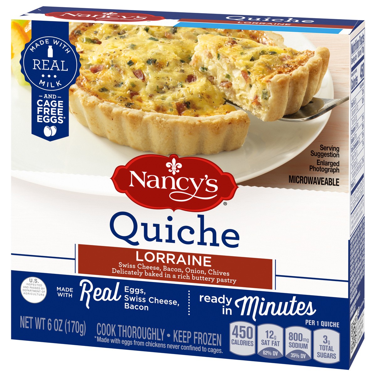 slide 3 of 9, Nancy's Lorraine Quiche with Eggs, Swiss Cheese, Bacon, Onion & Chives Frozen Meal, 6 oz Box, 6 oz