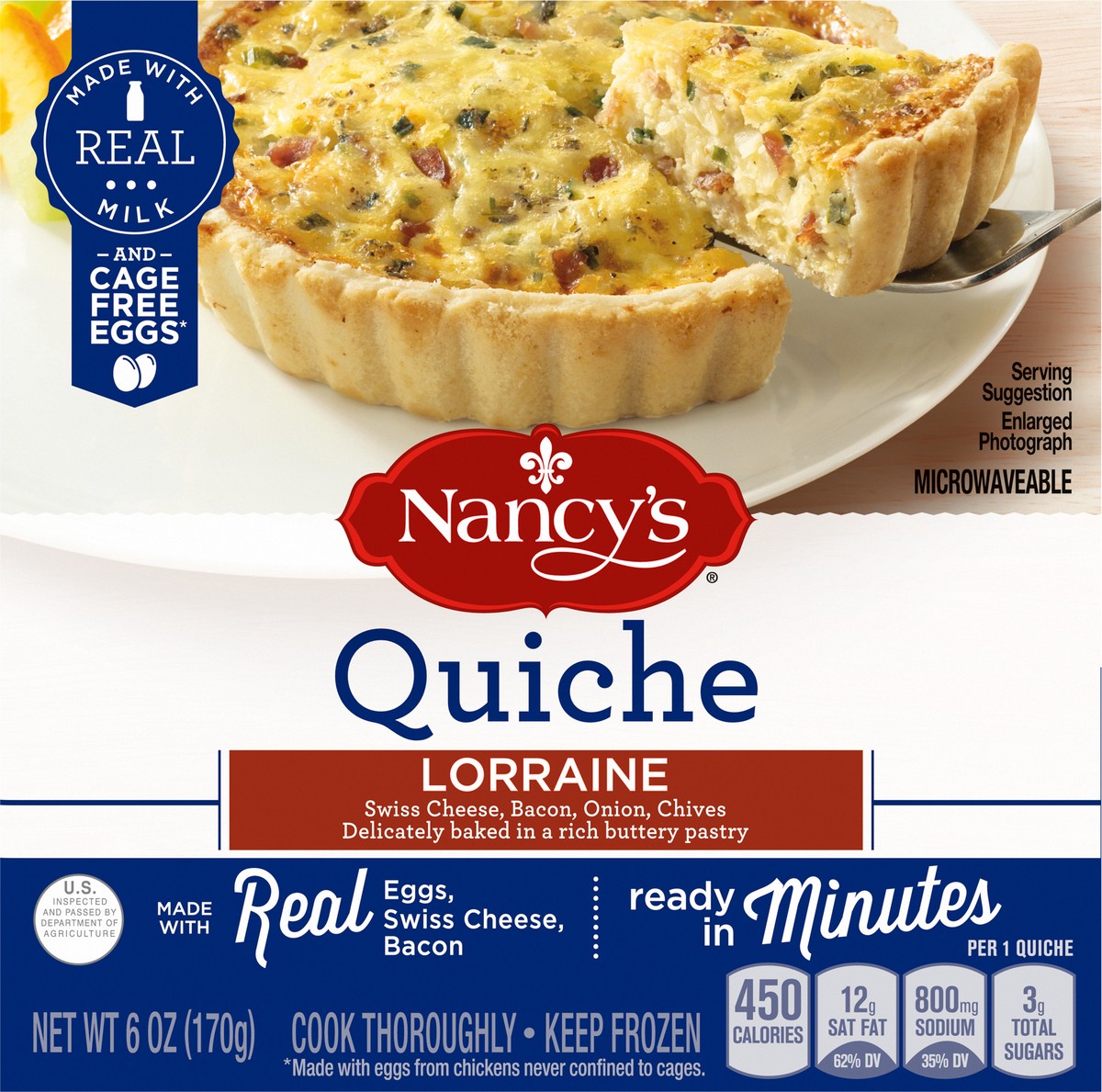slide 1 of 9, Nancy's Lorraine Quiche with Eggs, Swiss Cheese, Bacon, Onion & Chives Frozen Meal, 6 oz Box, 6 oz