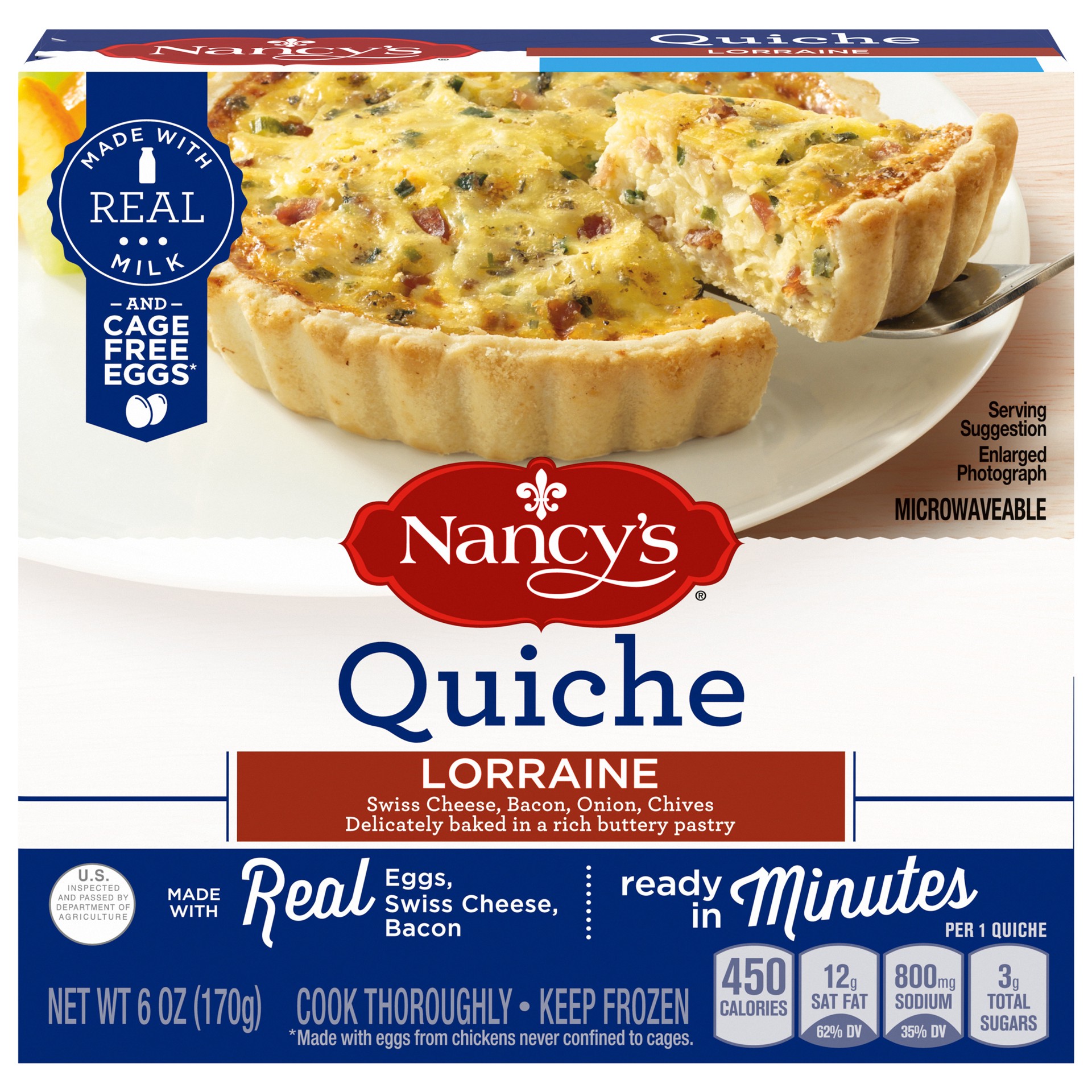 slide 1 of 9, Nancy's Lorraine Quiche with Eggs, Swiss Cheese, Bacon, Onion & Chives Frozen Meal, 6 oz Box, 6 oz