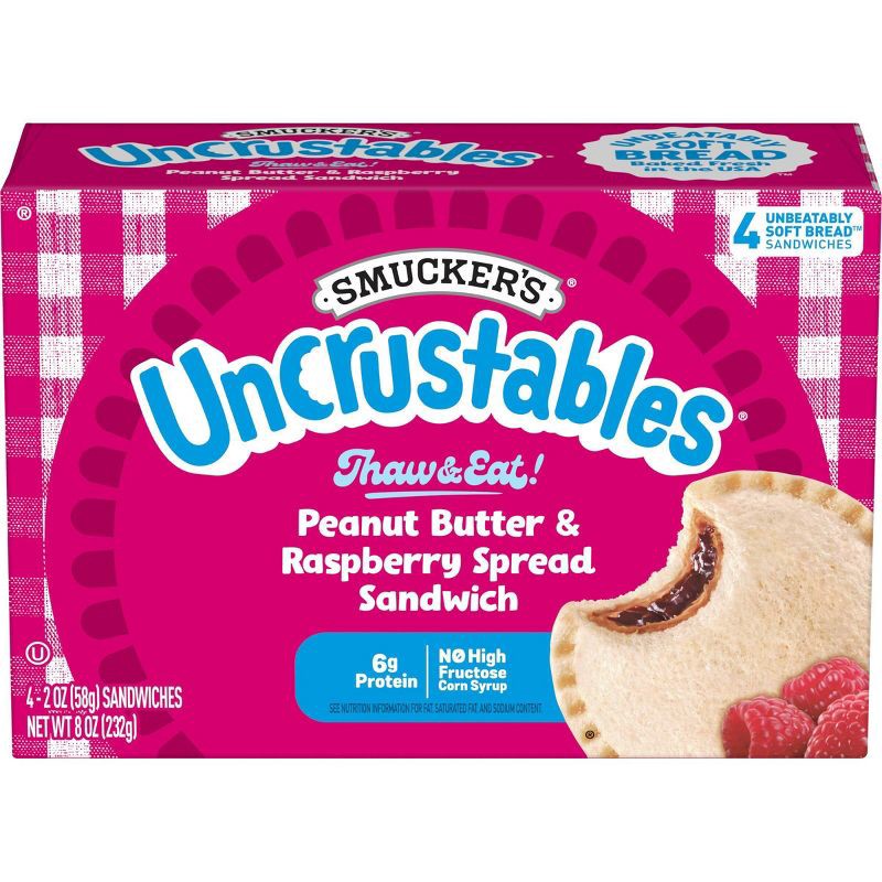 slide 1 of 10, Smucker's Uncrustables Frozen Peanut Butter & Raspberry Spread Sandwich - 8oz/4ct, 4 ct; 8 oz