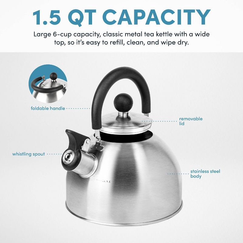slide 5 of 7, Aroma 1.5qt Stainless Steel Stovetop Kettle Silver: Whistling Tea Kettle with Flip-Up Spout, Small Teapot for Stove, 1.5 qt