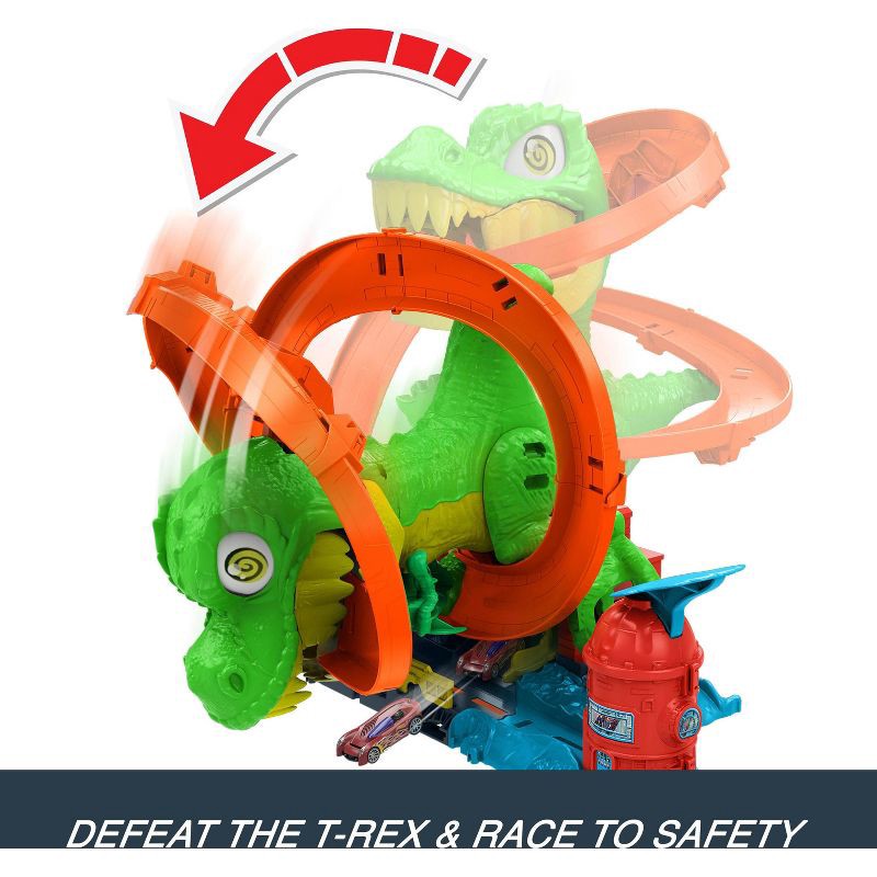slide 6 of 6, Hot Wheels Diecast City T-Rex Blaze Battle Playset 1:64 Scale Dinosaur Nemesis, 1 ct