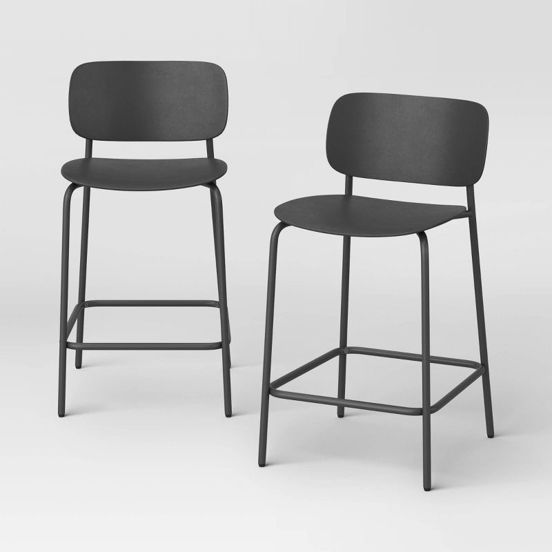 slide 1 of 5, Set of 2 24" Molded Plastic with Metal Base Counter Height Barstool Black - Room Essentials™, 1 ct