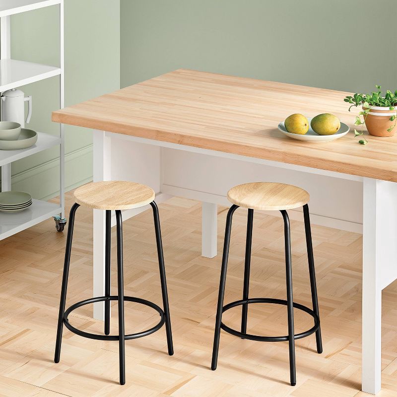 slide 2 of 6, Set of 2 24" Wood with and Metal Base Backless Counter Height Barstool Stool Natural - Room Essentials™, 1 ct