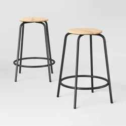 Set of 2 24&quot; Wood with and Metal Base Backless Counter Height Barstool Stool Natural - Room Essentials™