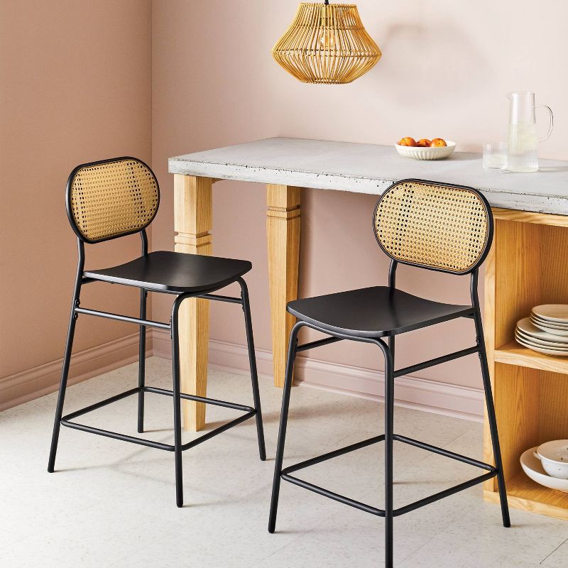 slide 2 of 7, Set of 2 24" Woven Back Metal Counter Height Barstool Black - Room Essentials™, 1 ct