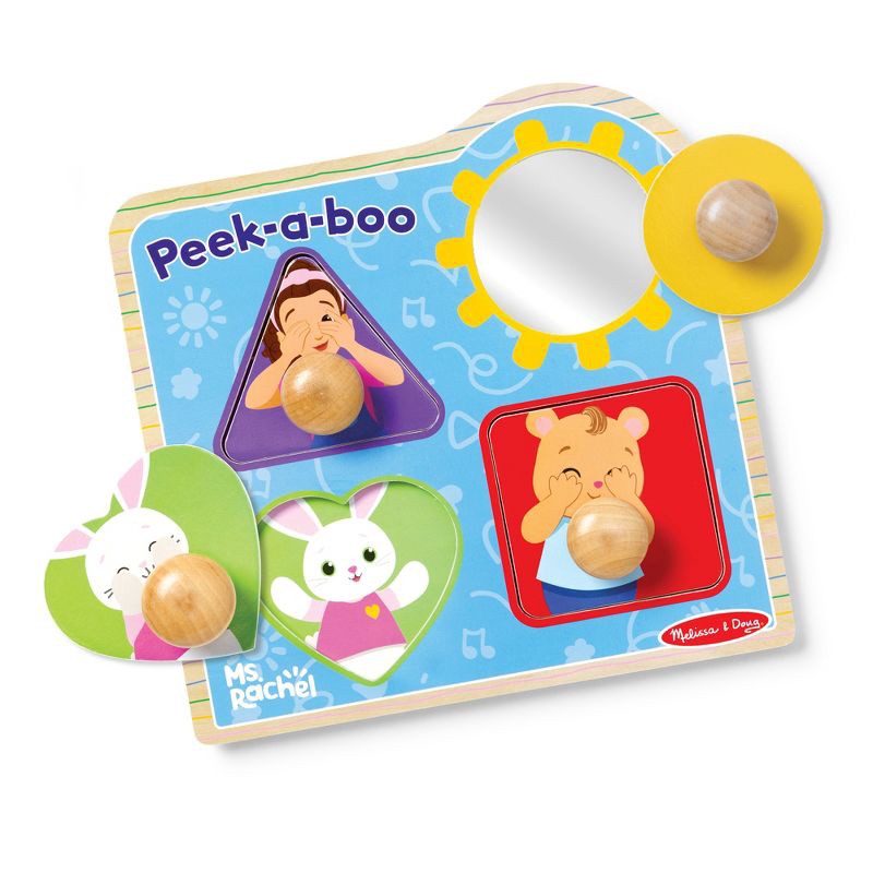 slide 1 of 8, Melissa & Doug® Ms. Rachel Wooden Peek-a-Boo Jumbo Peg Puzzle, 4-Piece with Mirror, 1 ct