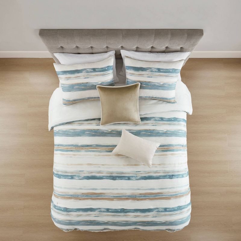 slide 2 of 7, 5pc Queen Watercolor Striped Bedding Set Blue, 5 ct