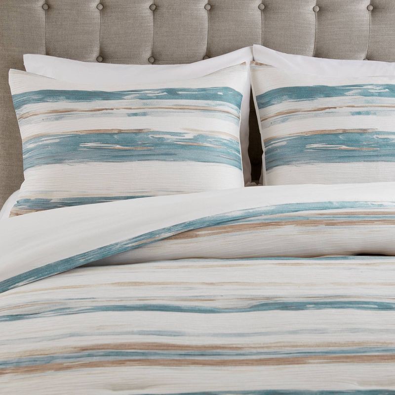 slide 3 of 7, 5pc Queen Watercolor Striped Bedding Set Blue, 5 ct