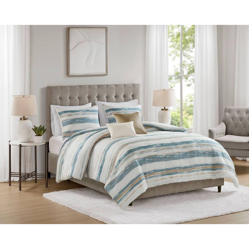 slide 1 of 7, 5pc Queen Watercolor Striped Bedding Set Blue, 5 ct
