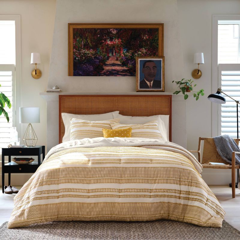 slide 2 of 7, 8pc King Clipped Jacquard Striped Comforter and Sheet Set Yellow - Threshold™, 8 ct