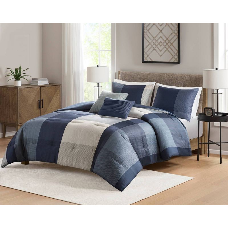 slide 1 of 7, 5pc Queen Plaid Bedding Set Blue, 5 ct