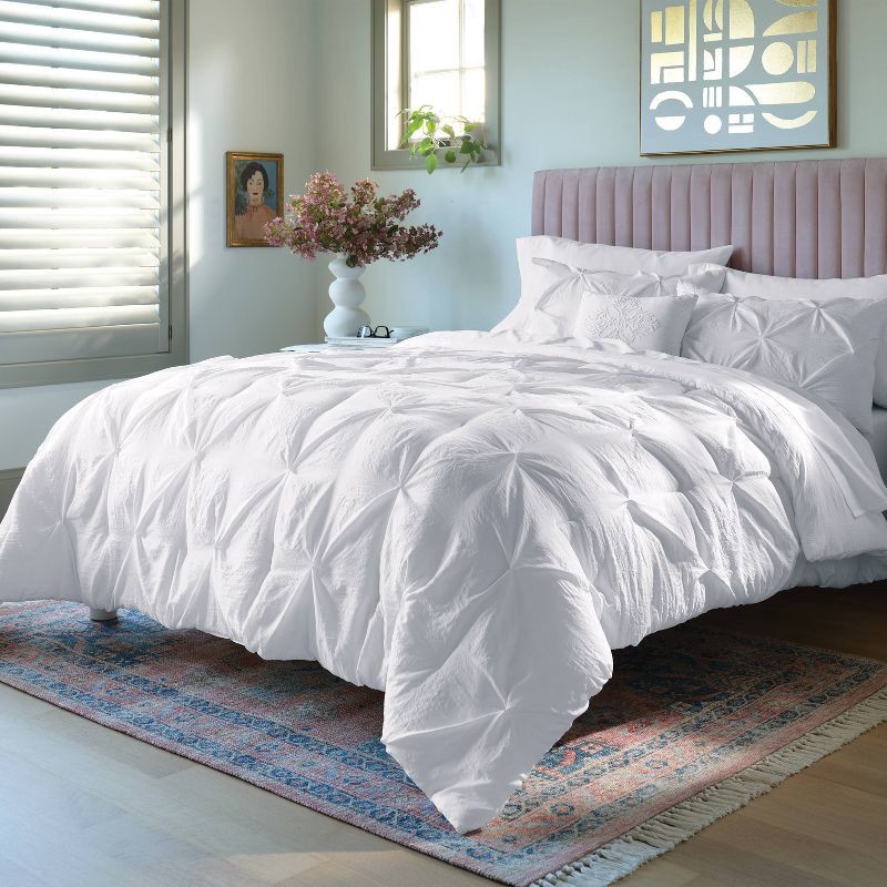 slide 1 of 7, 8pc Queen Pinch Pleat Comforter and Sheet Set White - Threshold™, 8 ct