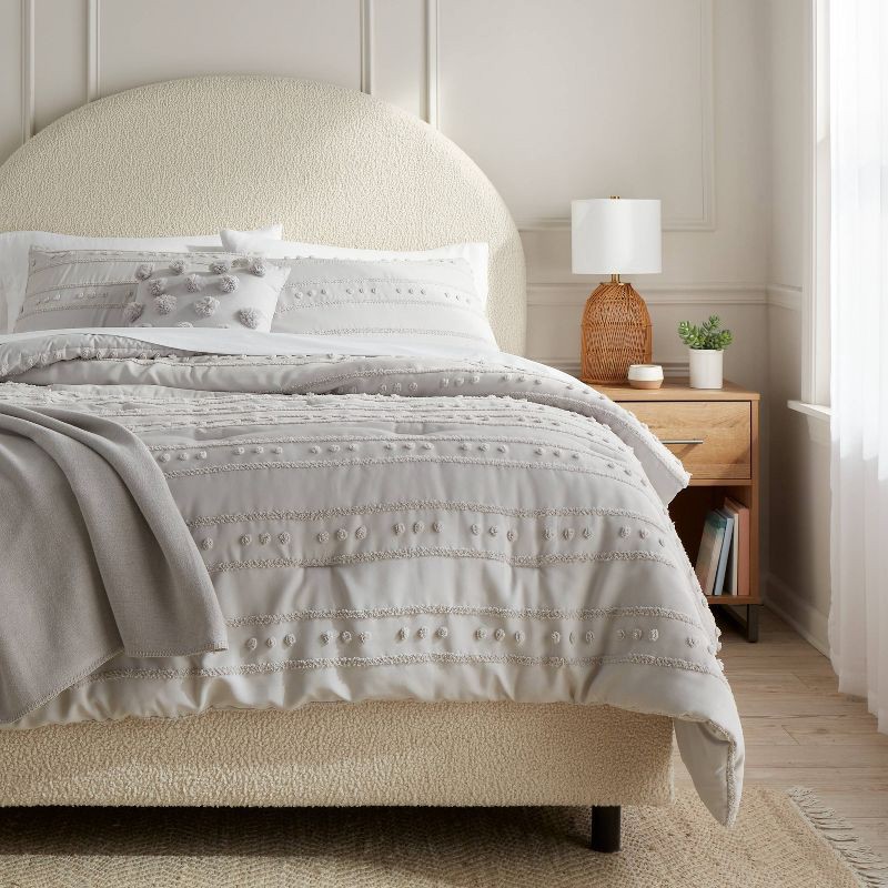 slide 2 of 7, 8pc Queen Clipped Stripe Poms Comforter and Sheet Set Gray - Threshold™, 8 ct