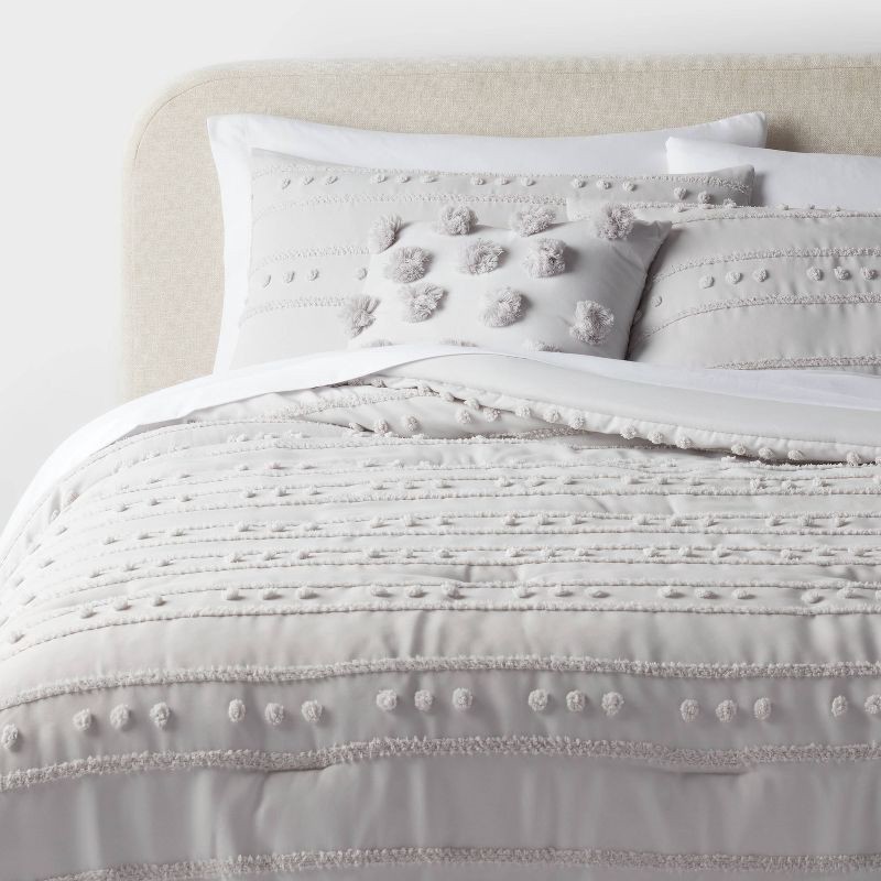 slide 1 of 7, 8pc King Clipped Stripe Poms Comforter and Sheet Set Gray - Threshold™, 8 ct