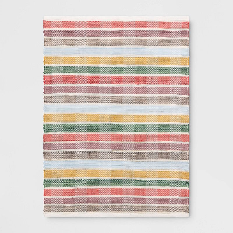 slide 1 of 4, 4'x5'6" Check Striped Chindi Handwoven Area Rug Warm Tones - Room Essentials™, 1 ct