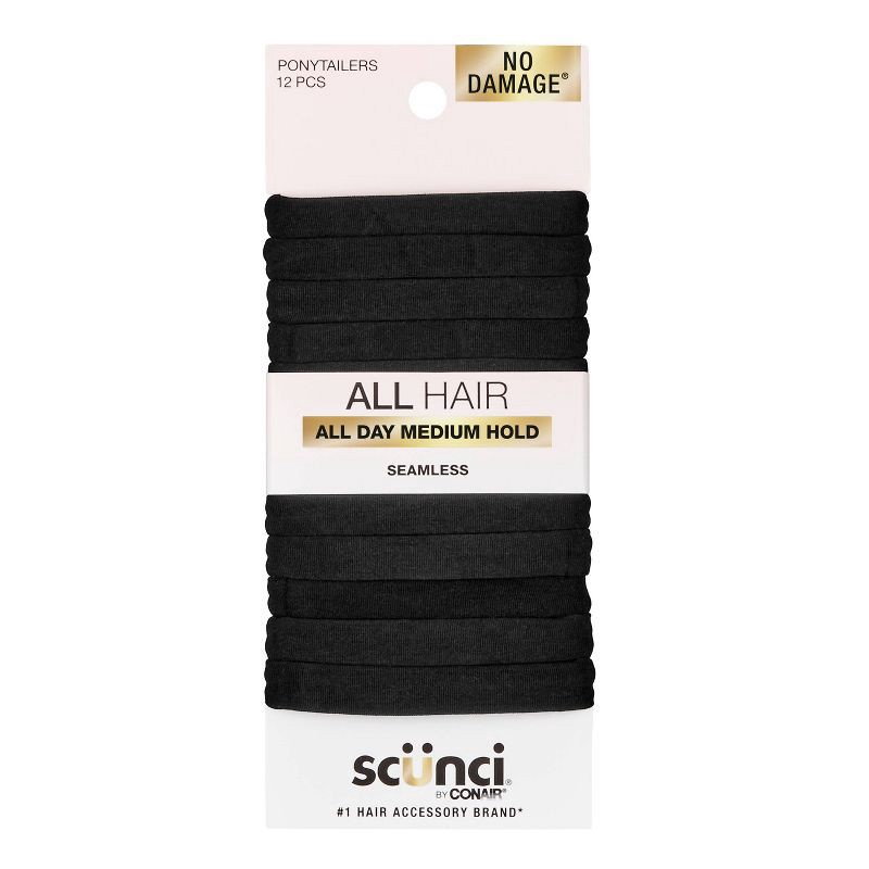 slide 1 of 6, scunci scünci No Damage Super Comfy Hosiery Elastic Hair Tie Ponytailers - Black - All Hair - 12pcs, 12 ct