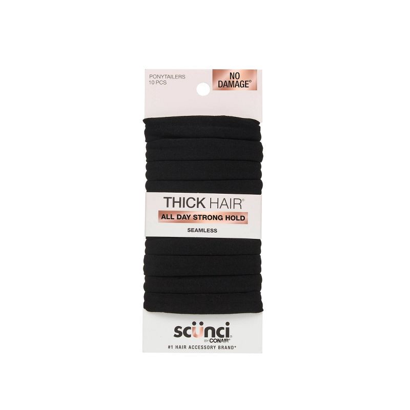 slide 1 of 8, scunci scünci No Damage Super Comfy Hosiery Elastic Hair Tie Ponytailers - Black - Thick Hair - 10pcs, 10 ct