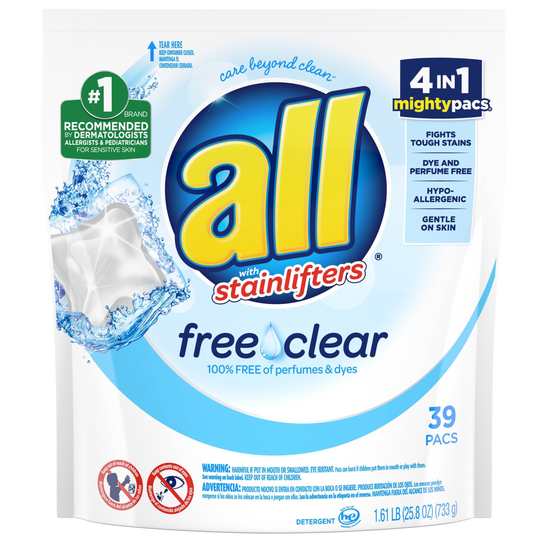 slide 1 of 6, All 4 in 1 Free Clear with Stainlifers Laundry Detergent Pacs, 39 ct