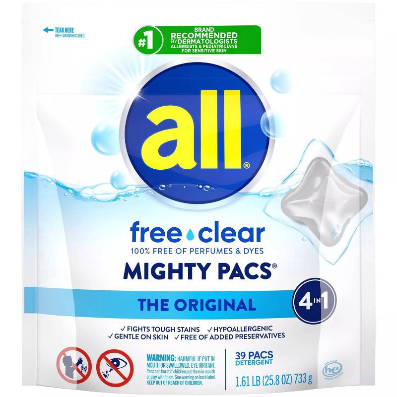 slide 1 of 3, All Free & Clear Laundry Pacs, 39 ct