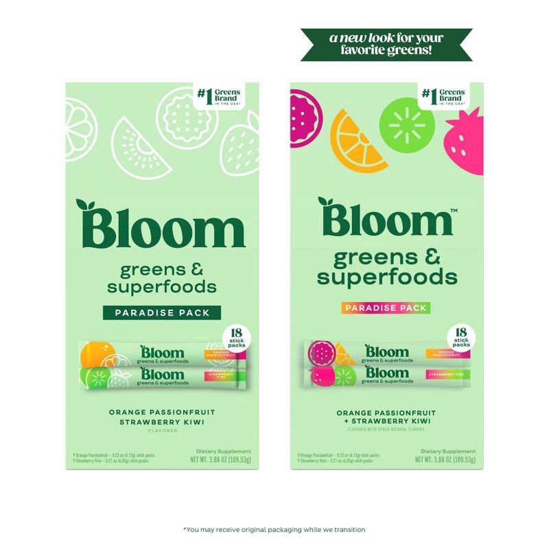 slide 3 of 7, BLOOM NUTRITION Greens and Superfoods Powder Stick Packs - Orange Passionfruit/Strawberry Kiwi - 3.86oz/18ct, 3.86 oz, 18 ct