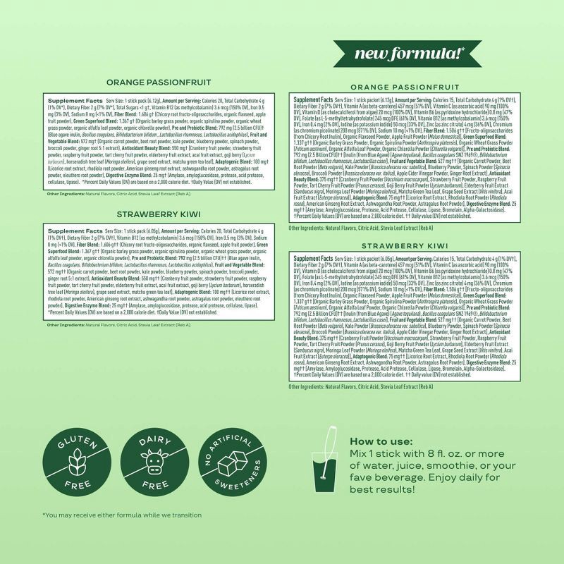 slide 5 of 7, BLOOM NUTRITION Greens and Superfoods Powder Stick Packs - Orange Passionfruit/Strawberry Kiwi - 3.86oz/18ct, 3.86 oz, 18 ct