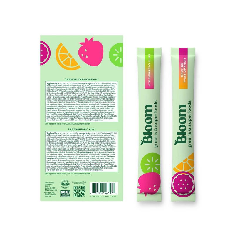 slide 6 of 7, BLOOM NUTRITION Greens and Superfoods Powder Stick Packs - Orange Passionfruit/Strawberry Kiwi - 3.86oz/18ct, 3.86 oz, 18 ct