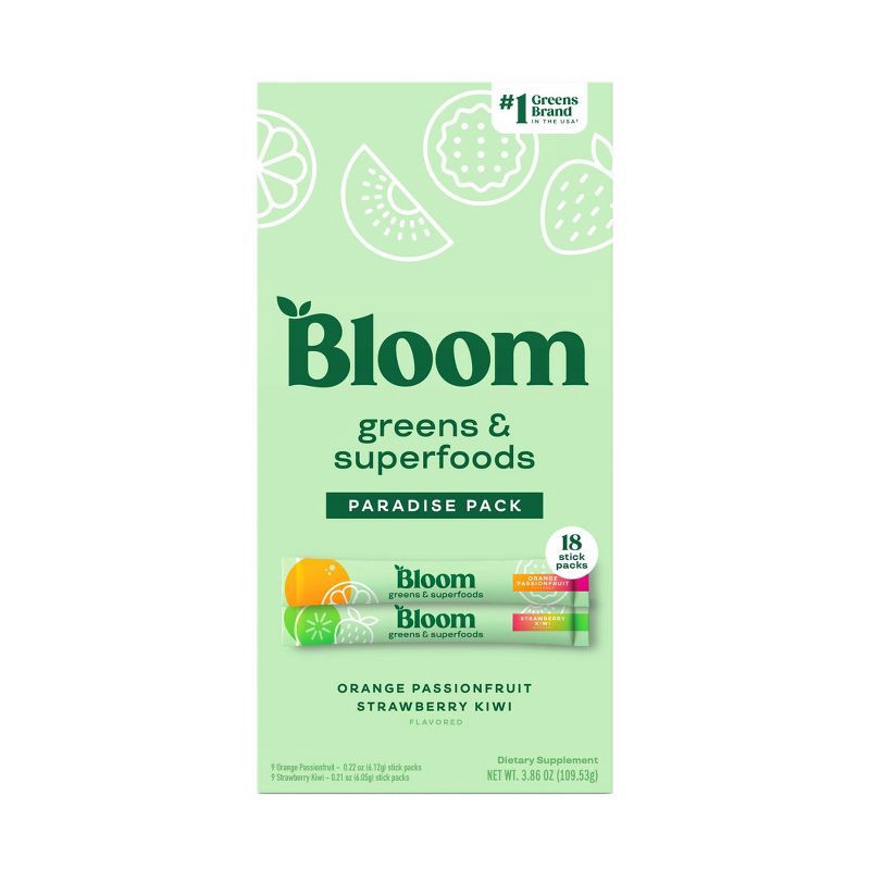 slide 1 of 6, BLOOM NUTRITION Greens and Superfoods Powder Stick Packs - Orange Passionfruit/Strawberry Kiwi - 3.86oz/18ct, 3.86 oz, 18 ct