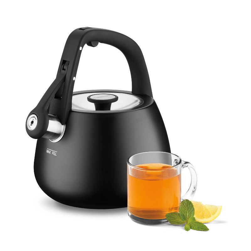 slide 2 of 7, Cuisinart 2qt Stainless Steel Stovetop Kettle Matte Black CKS-25MBK: Whistling Tea Kettle, Large Handle, Flip-Up Spout, 2 qt