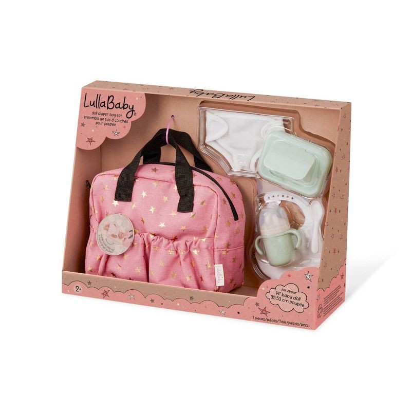 slide 8 of 8, LullaBaby Baby Doll Diaper Bag and Baby Doll Accessories Set – Pink: 7-Piece Toy Set for 14-Inch Dolls, 1 ct
