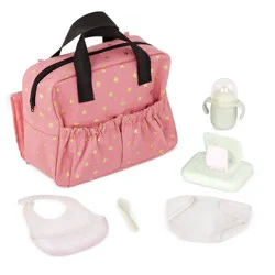 LullaBaby Baby Doll Diaper Bag and Baby Doll Accessories Set – Pink: 7-Piece Toy Set for 14-Inch Dolls