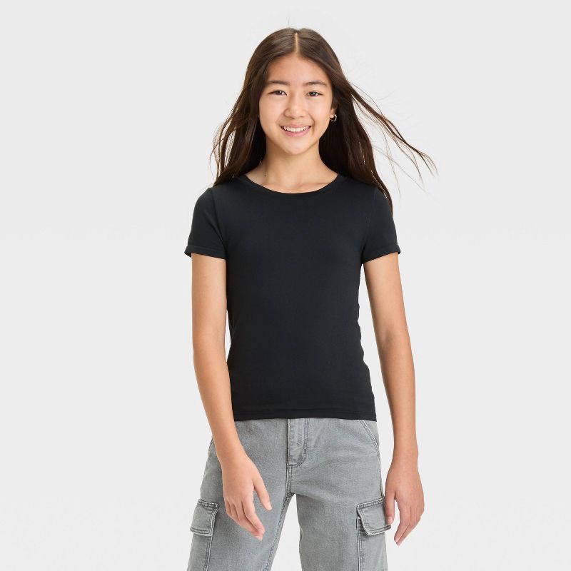 slide 1 of 3, Girls' Short Sleeve Roundneck T-Shirt - art class™ Black XL: Fitted Pullover, Seamless Scuba Fabric, 1 ct