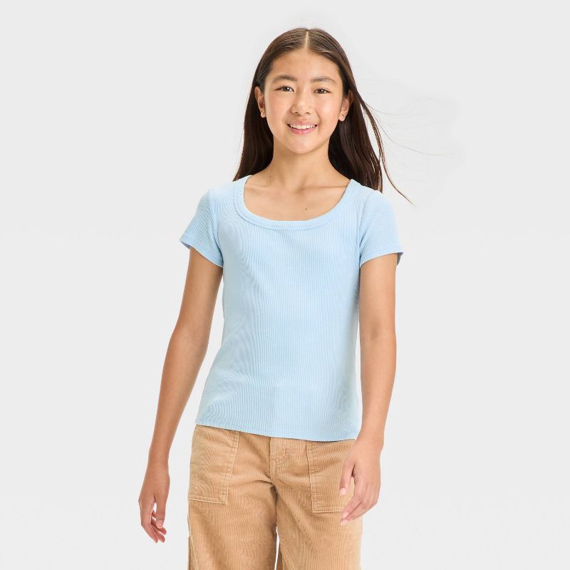 slide 1 of 3, Girls' Short Sleeve Washed Scoop Neck Shirt - art class™ Blue S, 1 ct