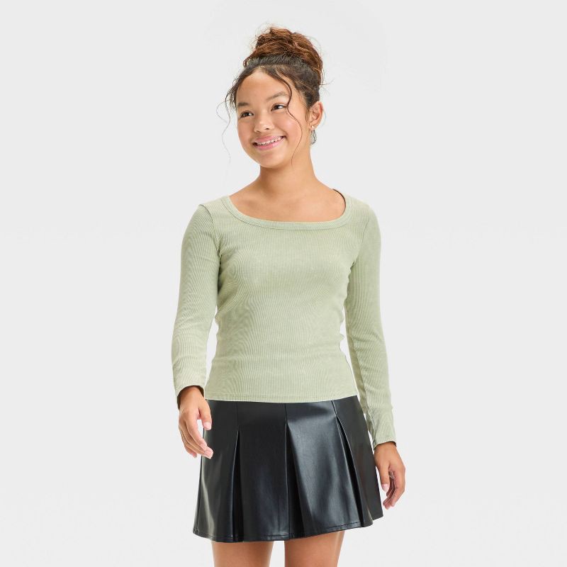 slide 1 of 3, Girls' Long Sleeve Washed Scoop Neck Shirt - art class™ Olive Green S, 1 ct