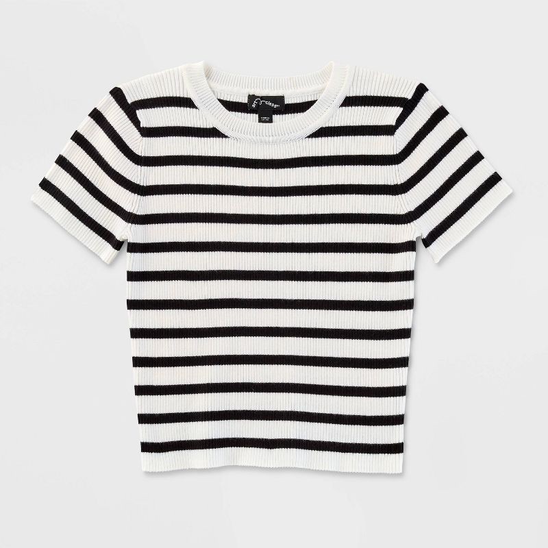 slide 4 of 5, Girls' Short Sleeve Knit Sweater - art class™ Black/White Striped S: Lightweight Pullover, Machine Washable, 1 ct