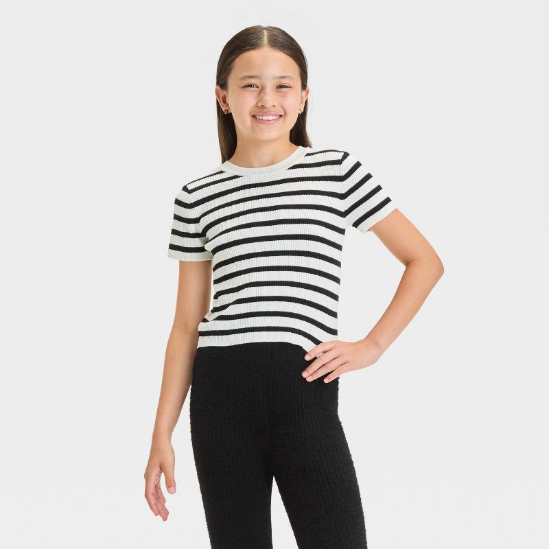 slide 1 of 5, Girls' Short Sleeve Knit Sweater - art class™ Black/White Striped S: Lightweight Pullover, Machine Washable, 1 ct