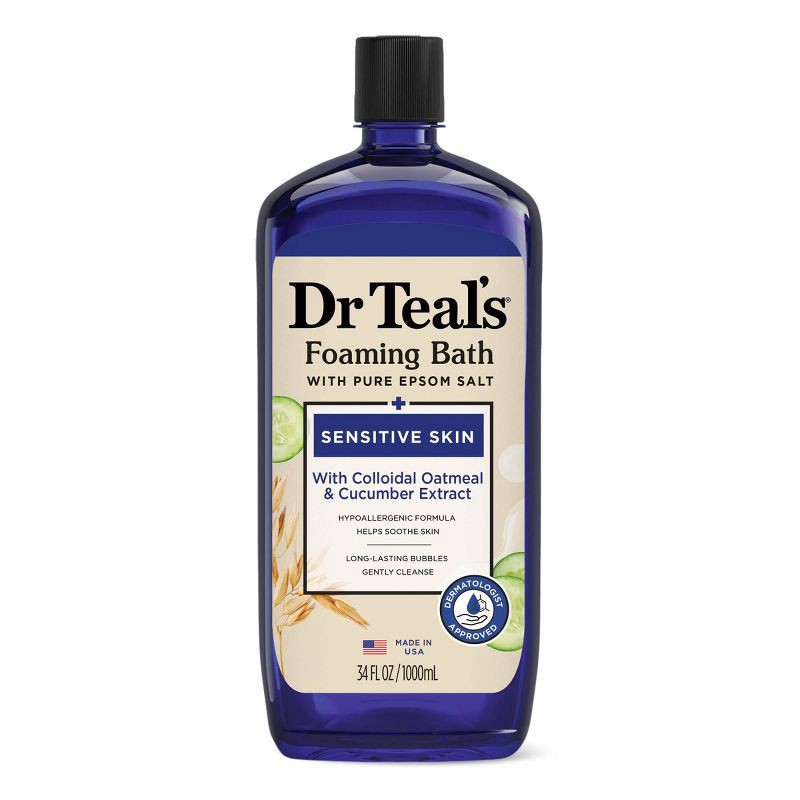 slide 1 of 8, Dr Teal's Foaming Bath with Pure Epsom Salt, Sensitive Skin with Colloidal Oatmeal & Cucumber Extract - 34 fl oz, 34 fl oz