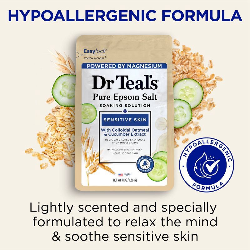 slide 3 of 7, Dr Teal's Epsom Salt Magnesium Soak Sensitive Skin with Colloidal Oatmeal & Cucumber Extract - 3lbs, 3 lb