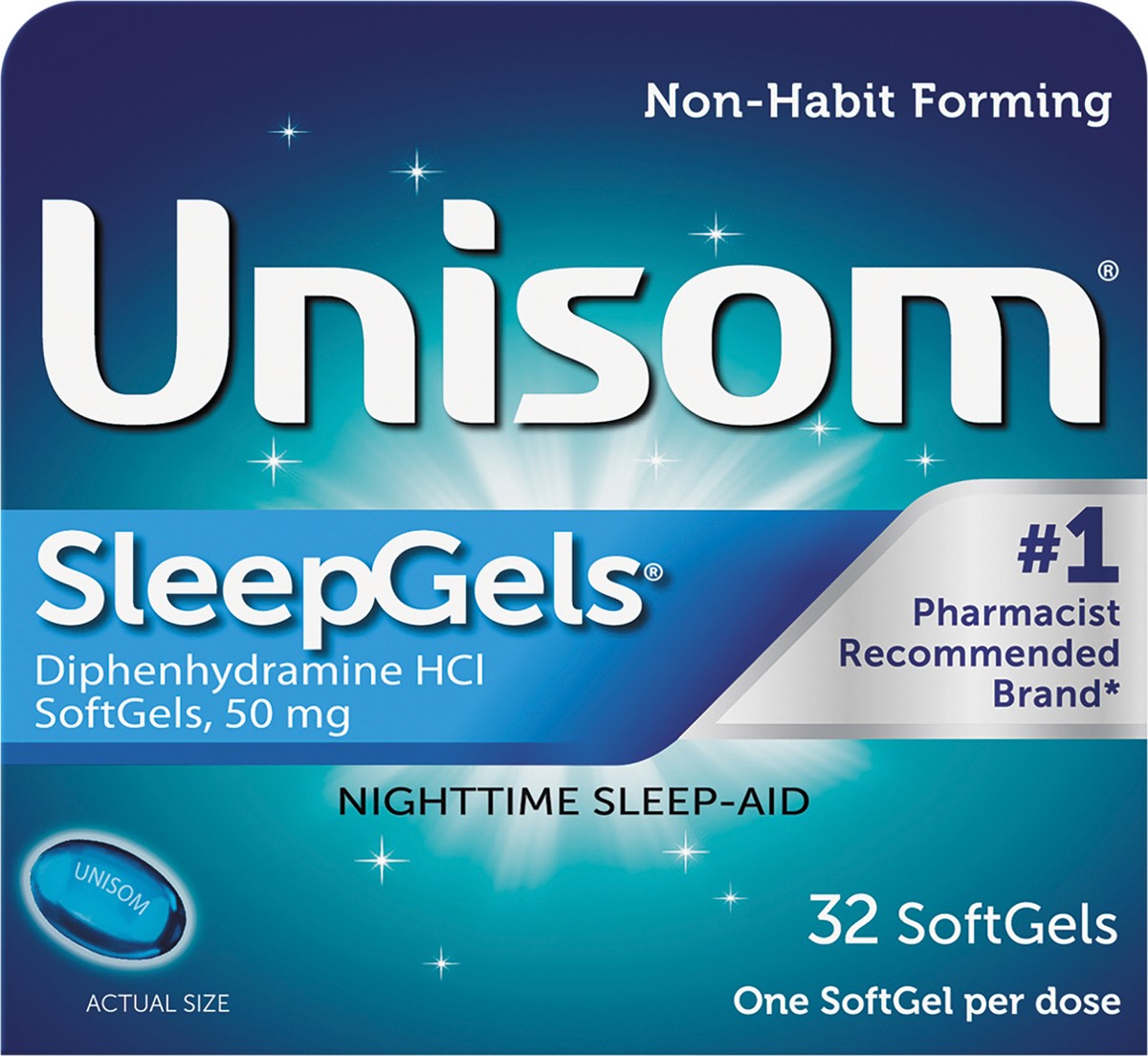 slide 5 of 7, Unisom SleepGels SoftGels (32 Ct), Sleep-Aid, Diphenhydramine HCI, 32 ct