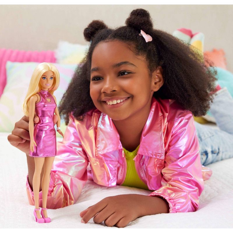 slide 2 of 6, Barbie Fashionistas 11" Doll in Metallic Pink Mini Dress with Heart Cut-Out Blonde Hair, 1 ct