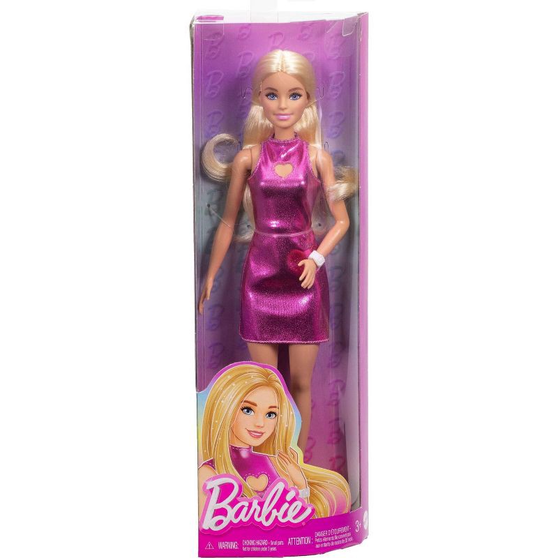 slide 6 of 6, Barbie Fashionistas 11" Doll in Metallic Pink Mini Dress with Heart Cut-Out Blonde Hair, 1 ct