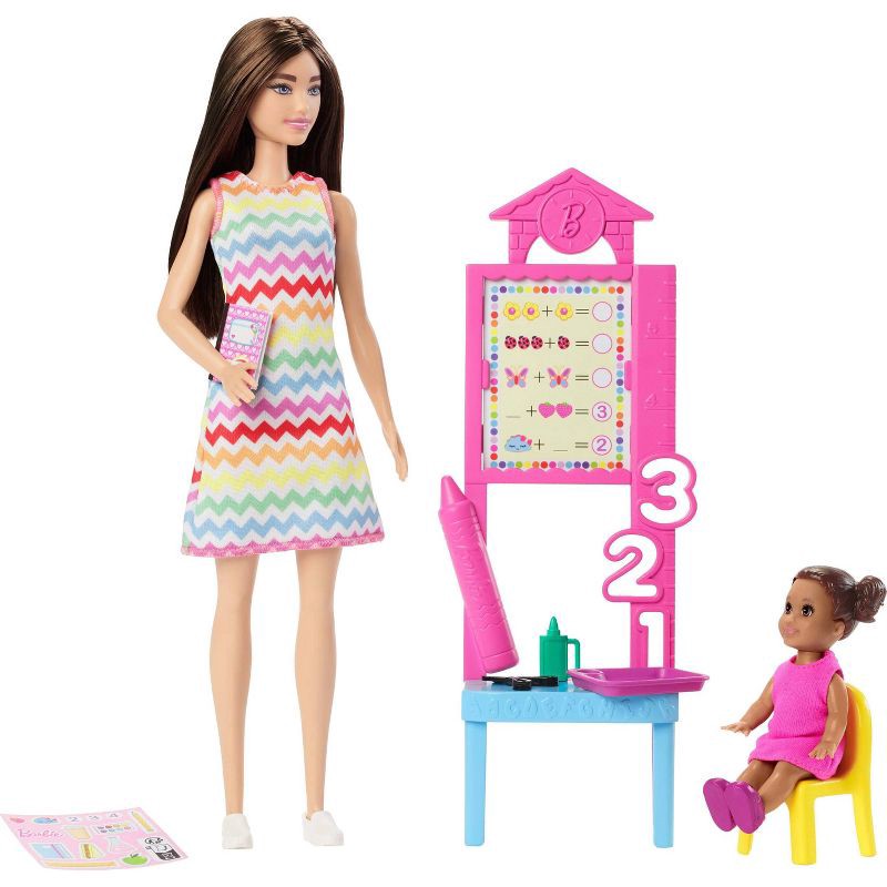 slide 1 of 6, Barbie Teacher Doll with Brunette 11" Fashion Doll, 1 Toddler Doll, and Teaching Accessories, 1 ct