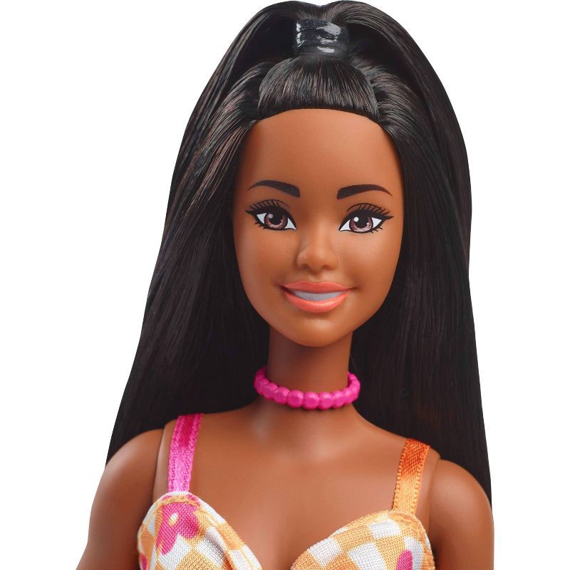 slide 3 of 6, Barbie 12.7" Fashionista Pink and Orange Check Dress Doll Black Hair/Brown Eyes, 1 ct