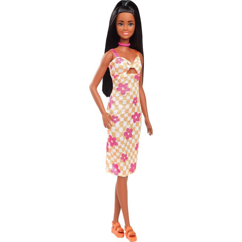 slide 1 of 6, Barbie 12.7" Fashionista Pink and Orange Check Dress Doll Black Hair/Brown Eyes, 1 ct