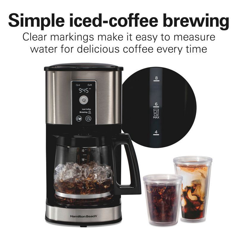 slide 4 of 8, Hamilton Beach 12Cup Programmable Hot & Iced Coffee Maker 49620: Electric Drip Machine, 950W, Dishwasher-Safe Parts, 1 ct
